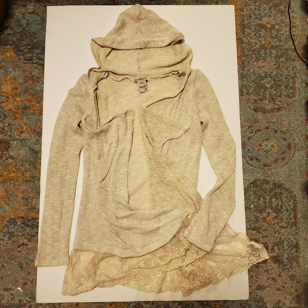 American Rag Hooded Cream Knit Lace Trim Cardigan